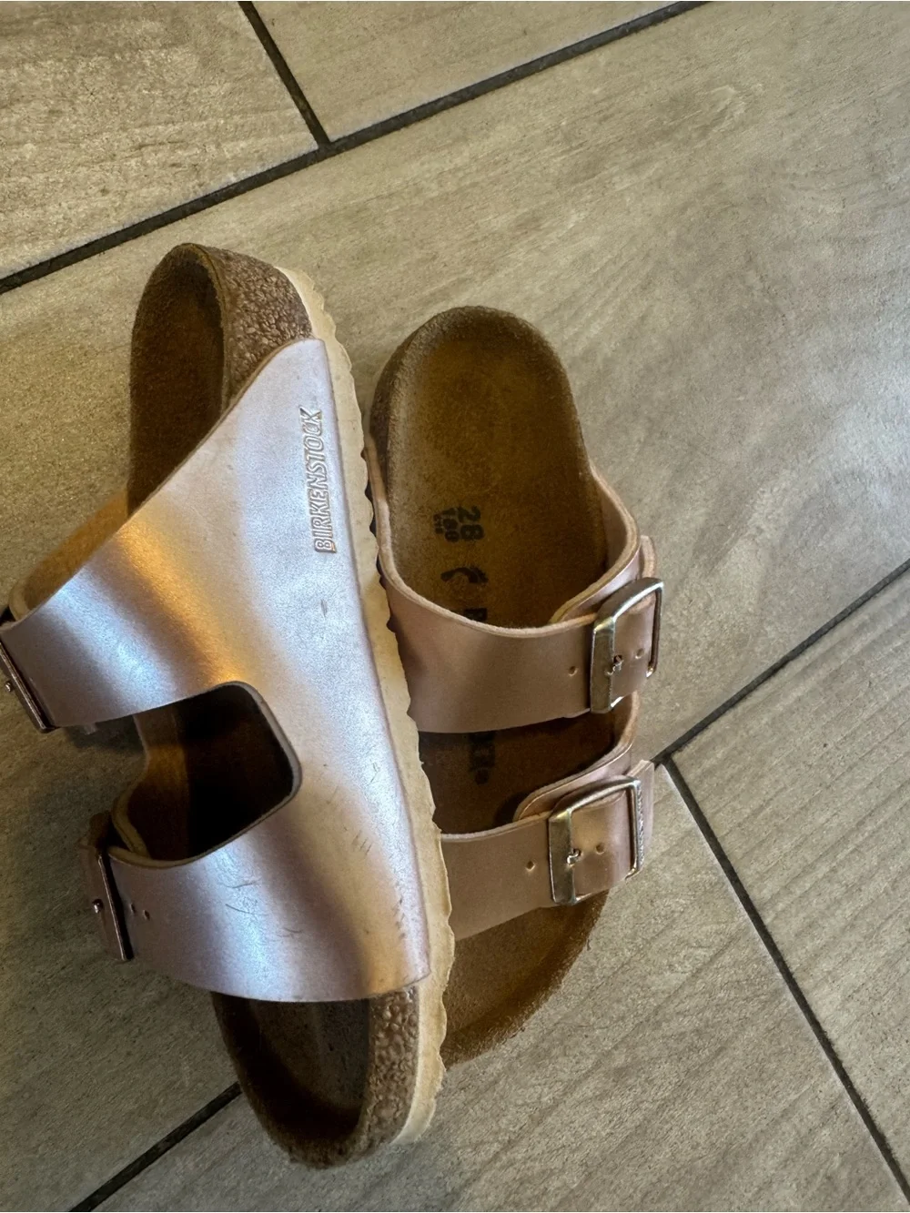 Birkenstock Arizona Metallic Copper Leather Slides Sandals Girl’s Sz 28EU/10 US
